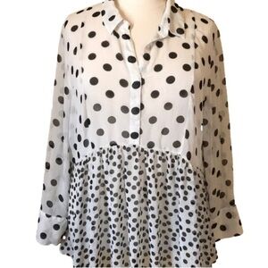 LANE BRYANT Sheer Blouse Long Sleeve White Black Polka Dot Women Plus Size 22/24